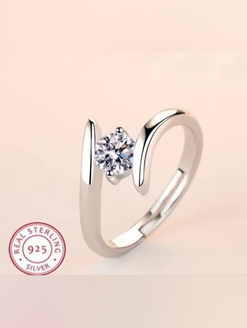 Stamped 925 Sterling Silver Cubic Zirconia Open Ring Adjustable Size - Silver